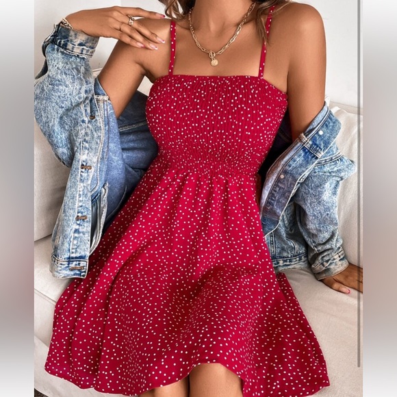 Dresses & Skirts - Boho Polka Dot Smocked Waist Cami Top Dress Red